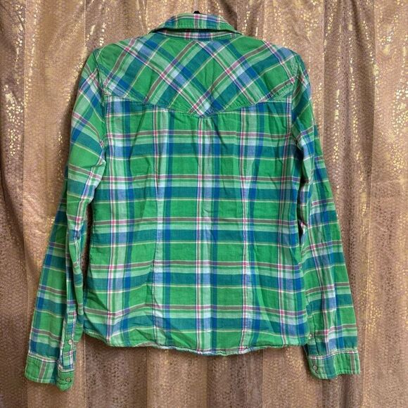 Vintage Y2K 2000s Hollister Green Blue Plaid Button Down Top Large - Picture 2 of 7
